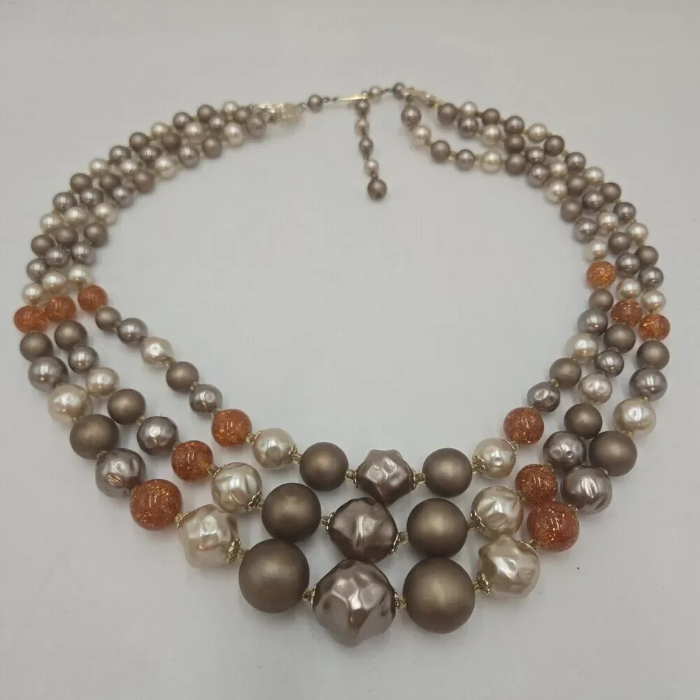 Vintage Faux Glass Pearl And Glitter Lucite Beaded Multi Strand Necklace Japan